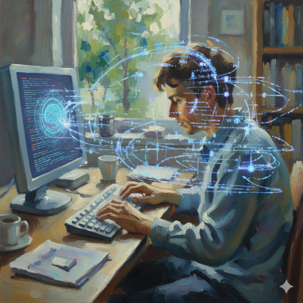 AI-generated impressionist image of someone at a computer