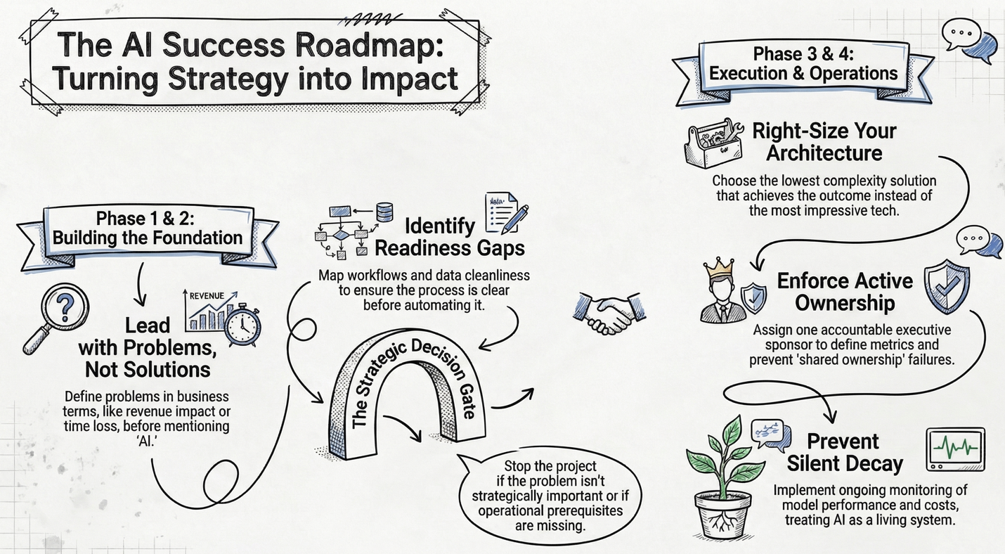 The Roadmap to a Successful AI Project - framework diagram showing four phases: Strategic Framing, Feasibility and Readiness, Solution Architecture, and Implementation and Operationalization