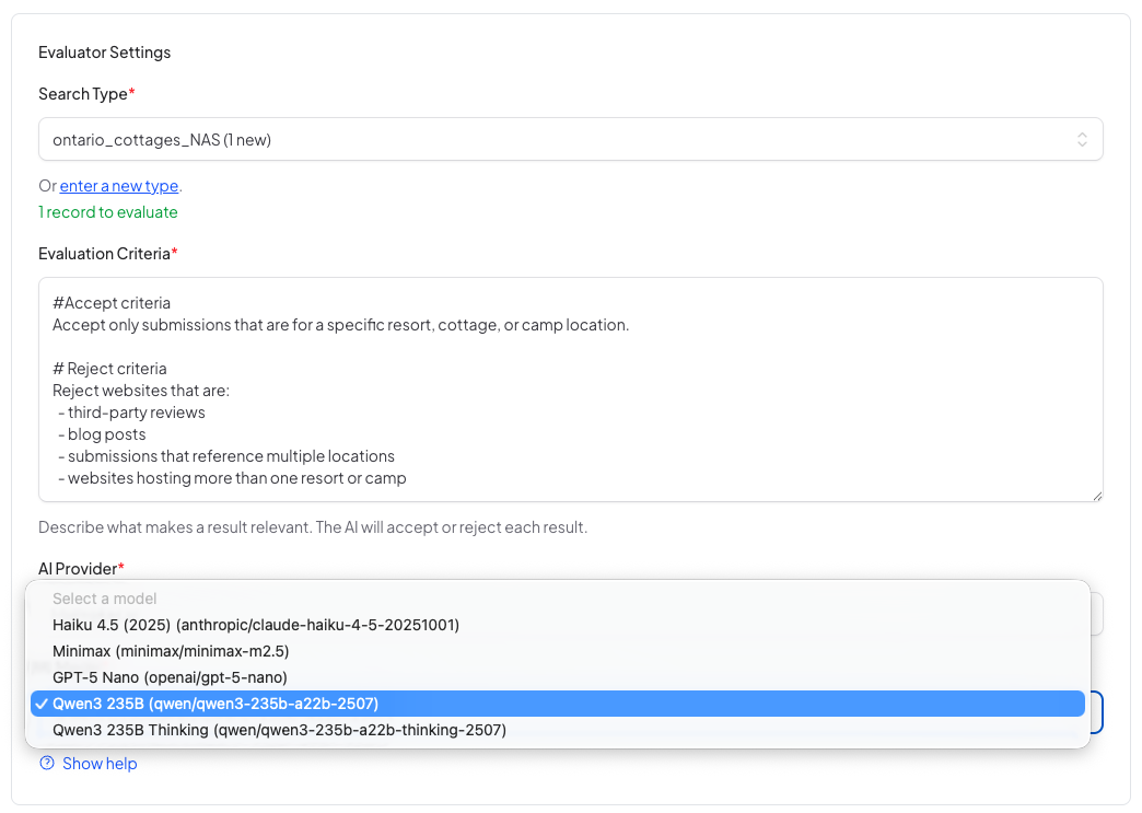 A job's settings with the AI model dropdown open, showing the models the organization has registered