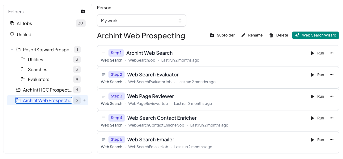 A campaign folder expanded to show its five jobs in order