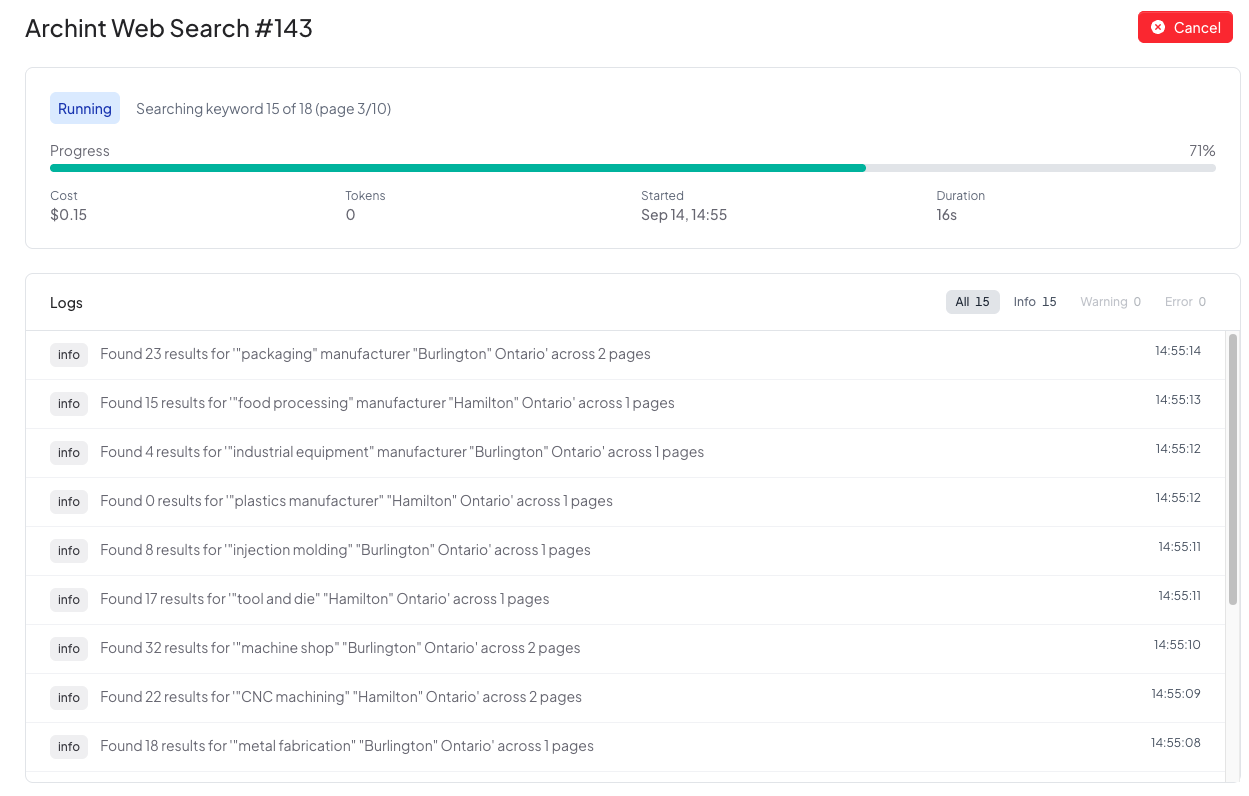 A job running, showing progress, accruing cost, a cancel button and a live log