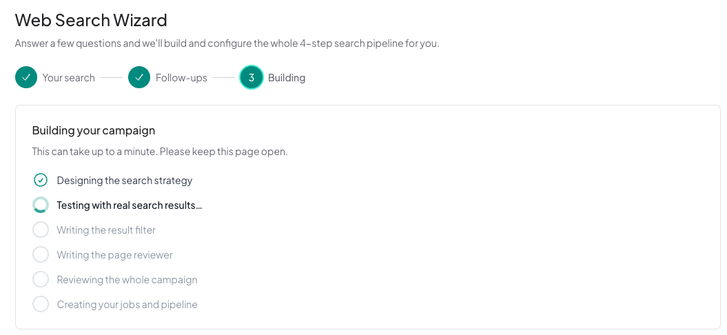 The wizard building a campaign, testing its generated queries against real search results